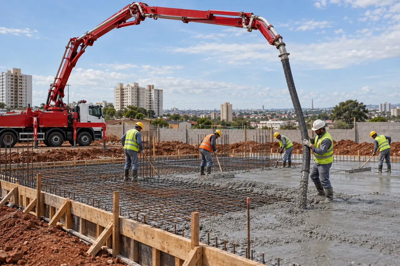 Bomba lança aplicando concreto em obra